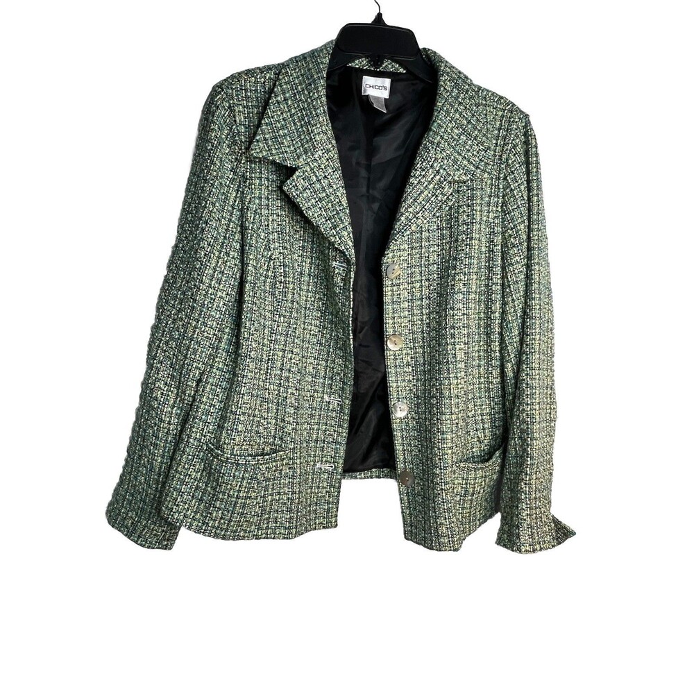 Chicos Green Herringbone Print Woven Knit Blouse Shirt Womens 2 US L (13)